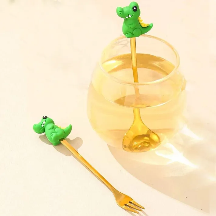 Cucharita + Tenedor de Postre Acero Dorado Cocodrilo - 2pz