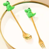 Cucharita + Tenedor de Postre Acero Dorado Cocodrilo - 2pz