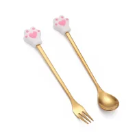 Cucharita + Tenedor de Postre Acero Dorado Cocodrilo - 2pz