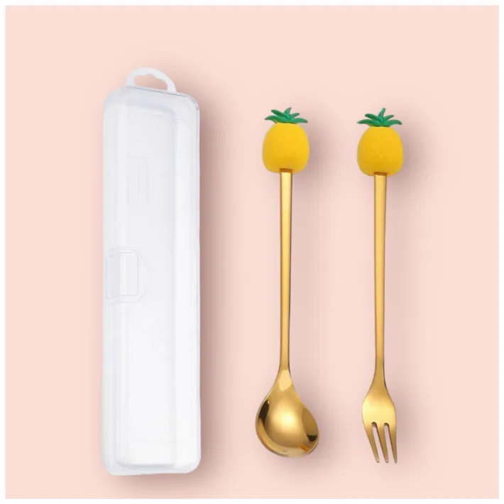 Cucharita + Tenedor de Postre Acero Dorado Ananá - 2pzas