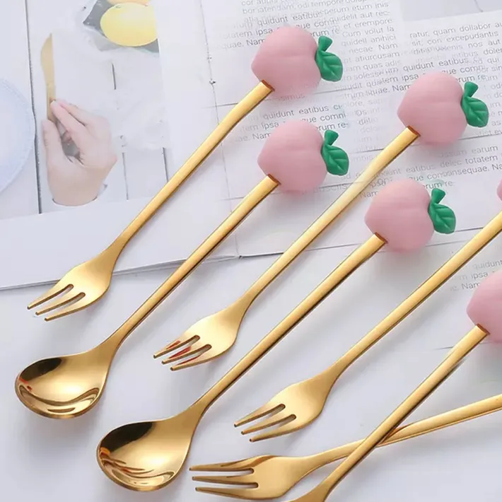 Cucharita + Tenedor de Postre Acero Dorado Ananá - 2pzas