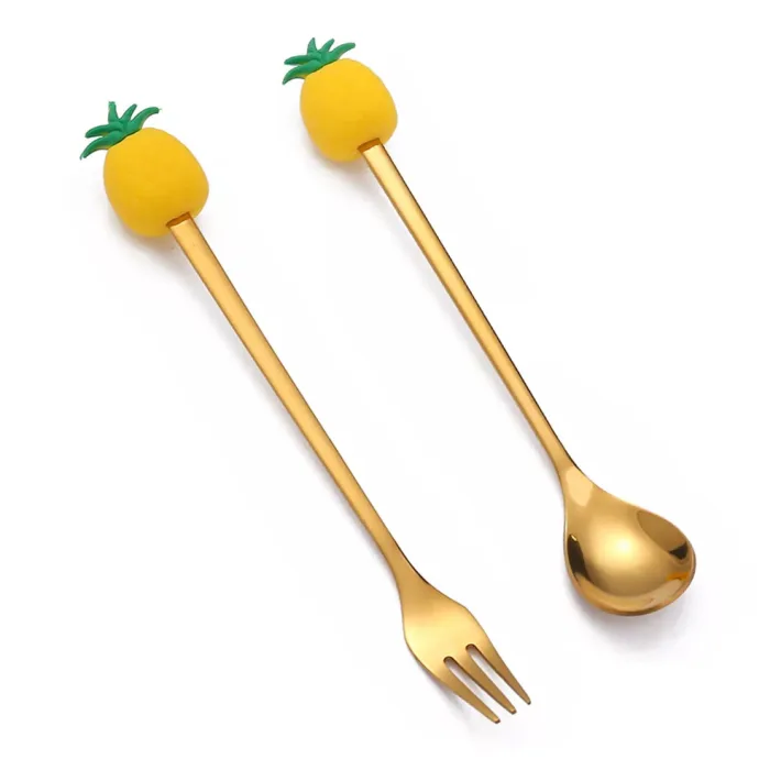 Cucharita + Tenedor de Postre Acero Dorado Ananá - 2pzas