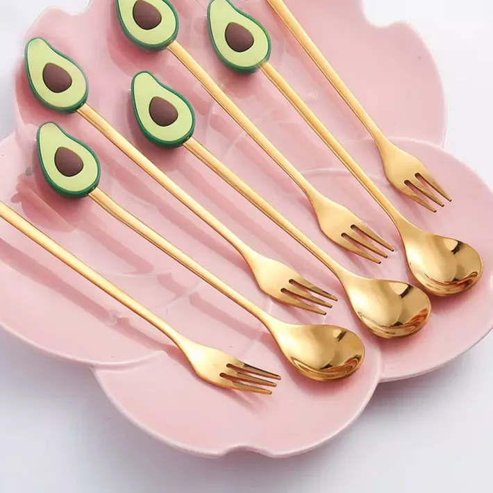 Cucharita + Tenedor de Postre Acero Dorado Ananá - 2pzas