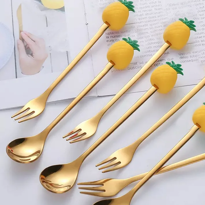 Cucharita + Tenedor de Postre Acero Dorado Ananá - 2pzas