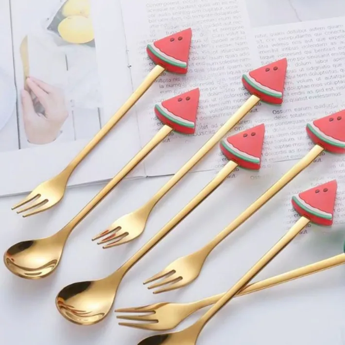Cucharita + Tenedor de Postre Acero Dorado Ananá - 2pzas