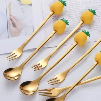 Cucharita + Tenedor de Postre Acero Dorado Ananá - 2pzas