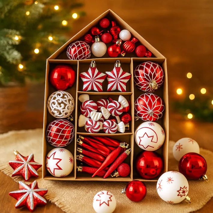 SYSD-180 - Adornos Navideños Set Casita Roja Varios Diseños Glitter 73 Pieza
