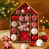 SYSD-180 - Adornos Navideños Set Casita Roja Varios Diseños Glitter 73 Pieza