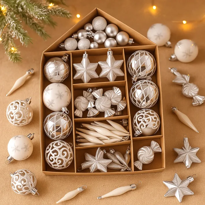 SYSD-181 - Adornos Navideños Set Casita Plata Varios Diseños Glitter 73 Piez