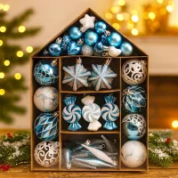 SYSD-183 - Adornos Navideños Set Casita Azul Varios Diseños Glitter 73 Pieza