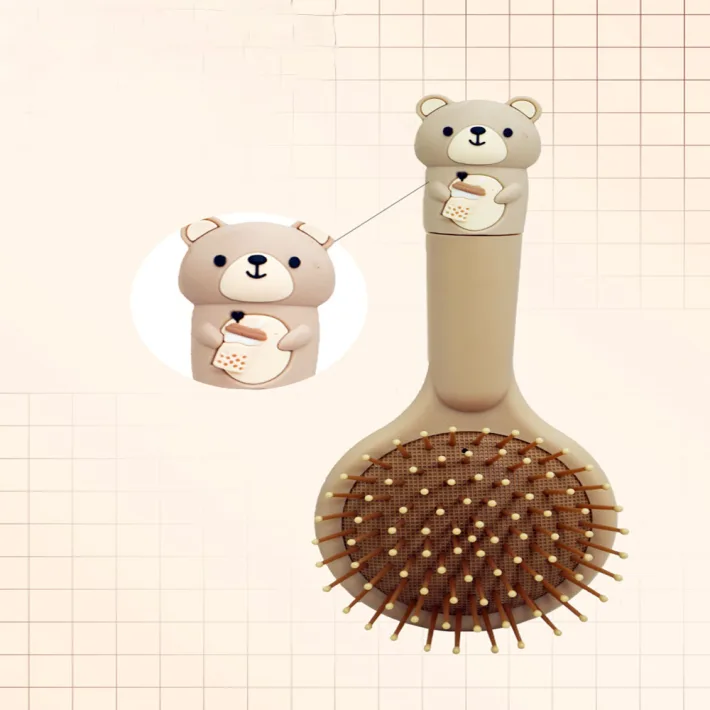 TJ201 - Cepillo Redondo + Espejito Milk Tea Bear 18*7.5cm