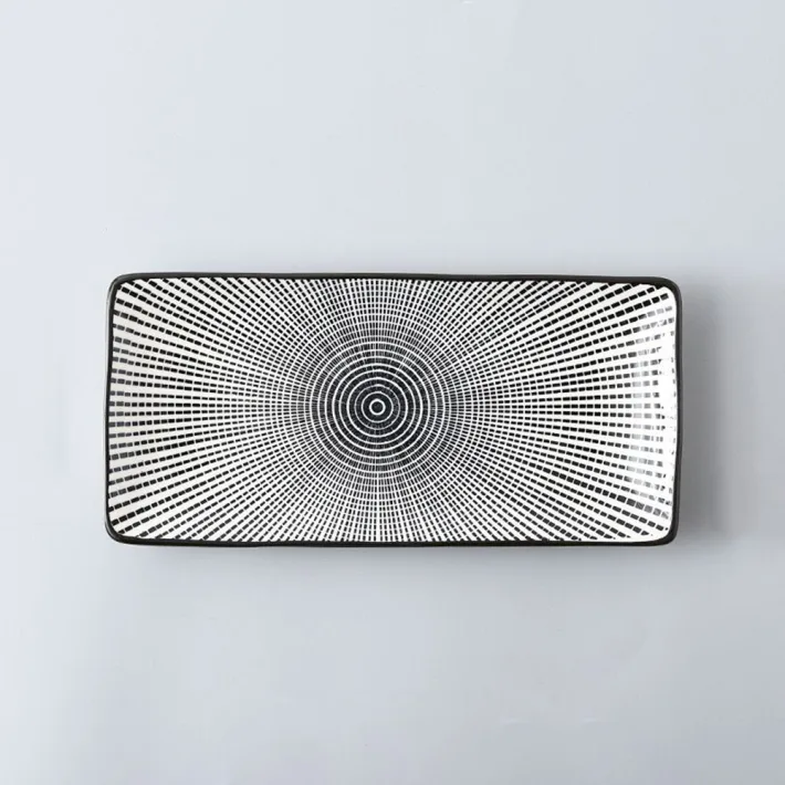 YL24108-D - Plato de Cerámica Rectangular Circulos Negros 12*25*2.5cm